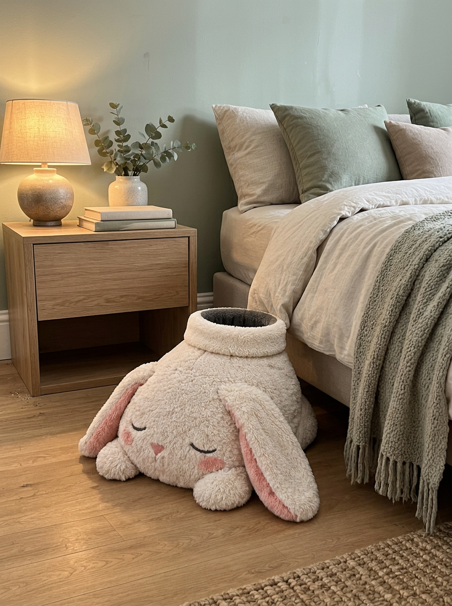 Sleepy bunny foot warmer styled by a nightstand