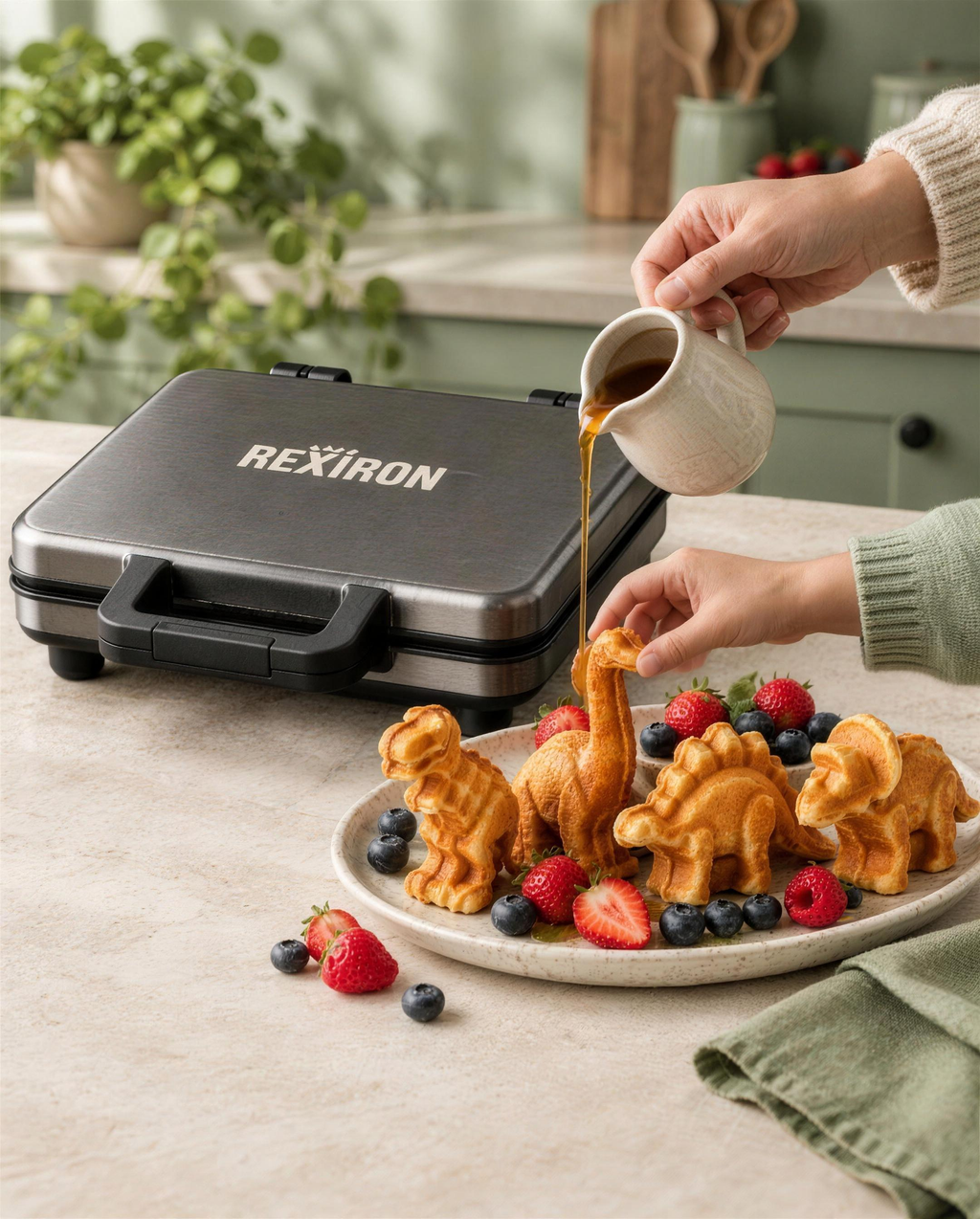 Syrup poured over dinosaur waffles while a child grabs one, RexIron behind