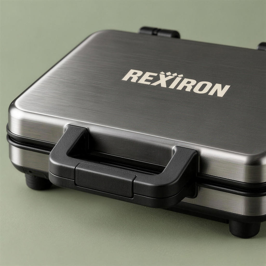 Close-up of the brushed charcoal RexIron lid and handle
