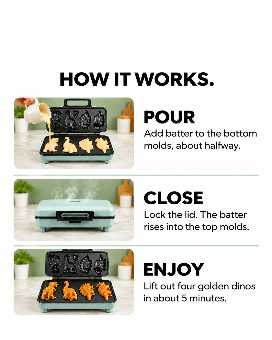 How the RexIron Dino Waffle Maker works: pour, close, enjoy