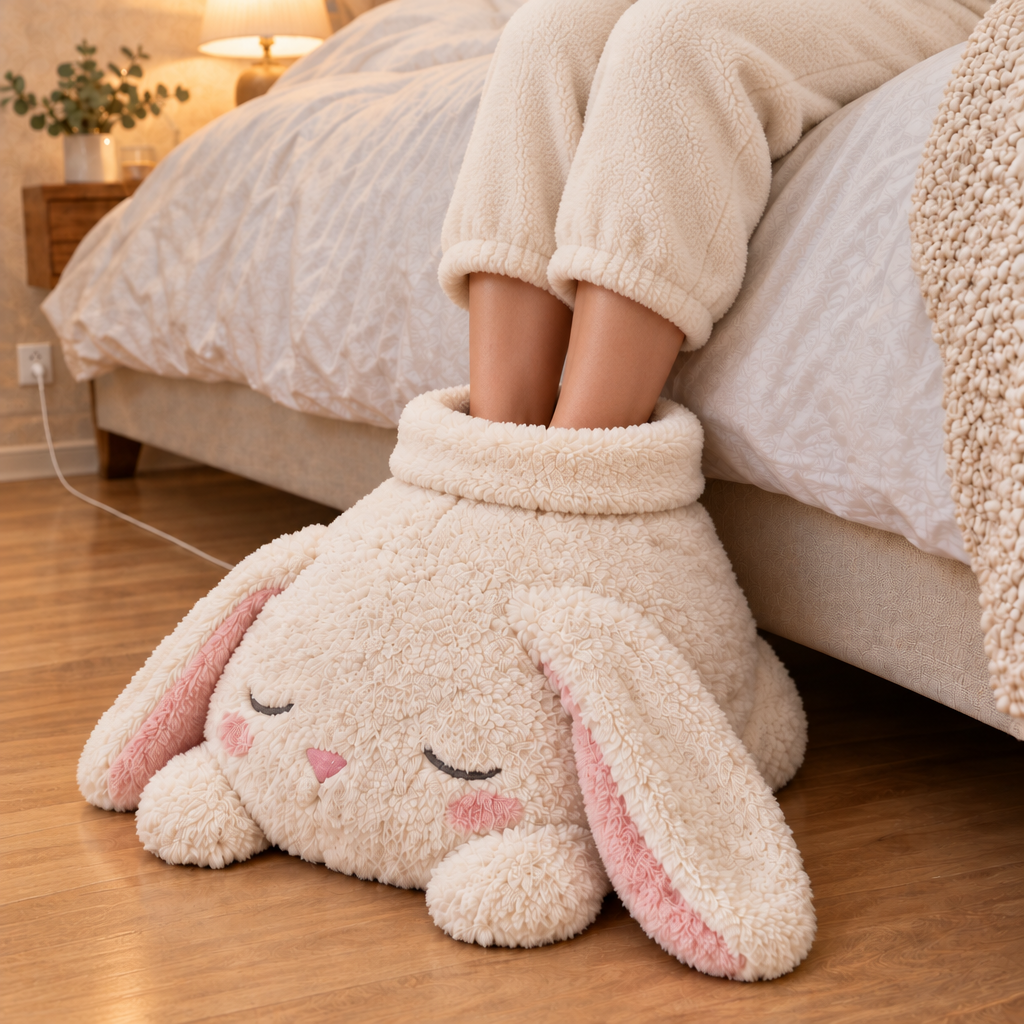 Feet resting inside the bunny foot warmer by the bed
